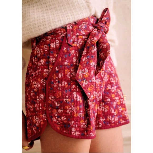 SEZANE Multicolor Cherry Boho Floral Quilted High Waisted Belted Island Shorts